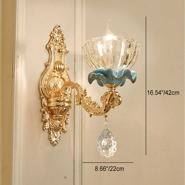 Aplique de pared de cristal de aleación de zinc con pétalos de flores tradicionales europeas 1/2 para sala de estar 