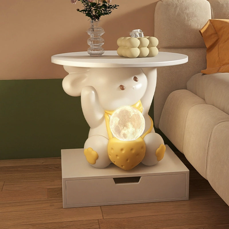 Moderner Art Deco Kinderhasen-Rundteller Rechteckige Schublade Harz Holz Emaille Nachttisch mit 1 Schublade und LED-Licht für das Schlafzimmer 