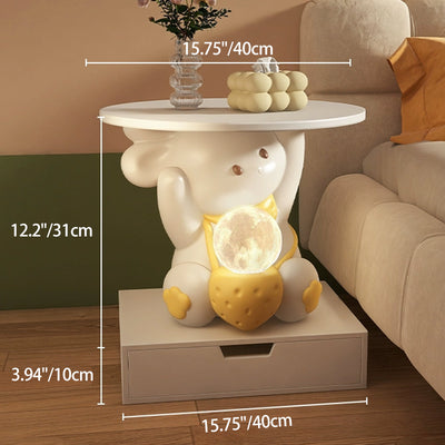 Moderner Art Deco Kinderhasen-Rundteller Rechteckige Schublade Harz Holz Emaille Nachttisch mit 1 Schublade und LED-Licht für das Schlafzimmer 