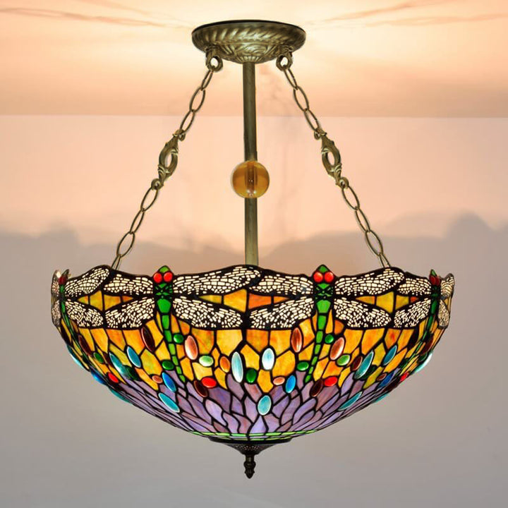 Traditional Vintage Tiffany Dragonfly Stained Glass 3-Light Chandelier For Living Room