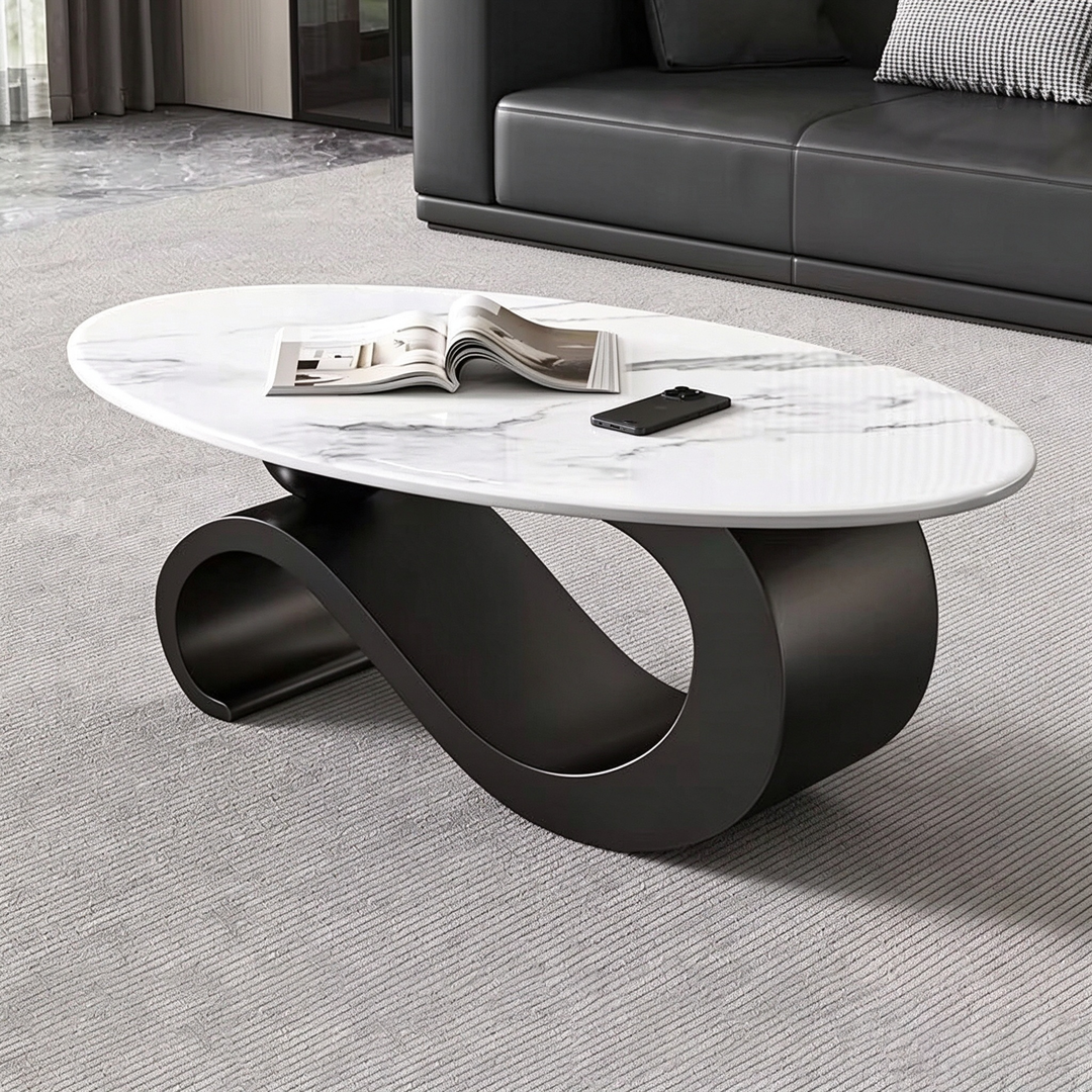Modern Minimalist Ellipse Stone Slab Iron Coffee Table For Living Room