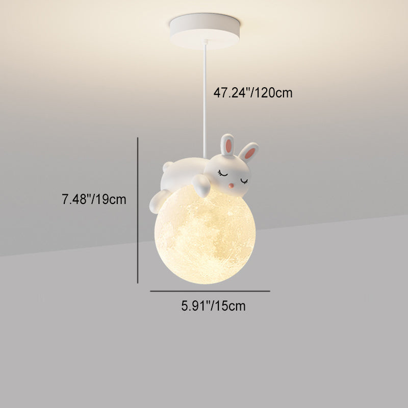 Lámpara colgante contemporánea creativa de resina con forma de conejo y luna de 1 luz para niños, para sala de estar 