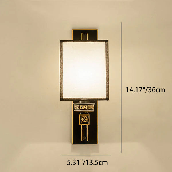 Aplique de pared cuadrado de 1 luz de hierro, cobre y tela de estilo chino tradicional para salón y dormitorio 
