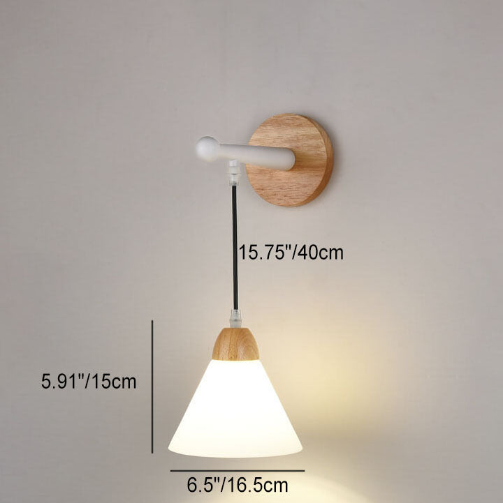 Modern Minimalist Frosted Cone Rubberwood Iron Glass Log Wood 1-Light Wall Sconce Lamp for Living Room