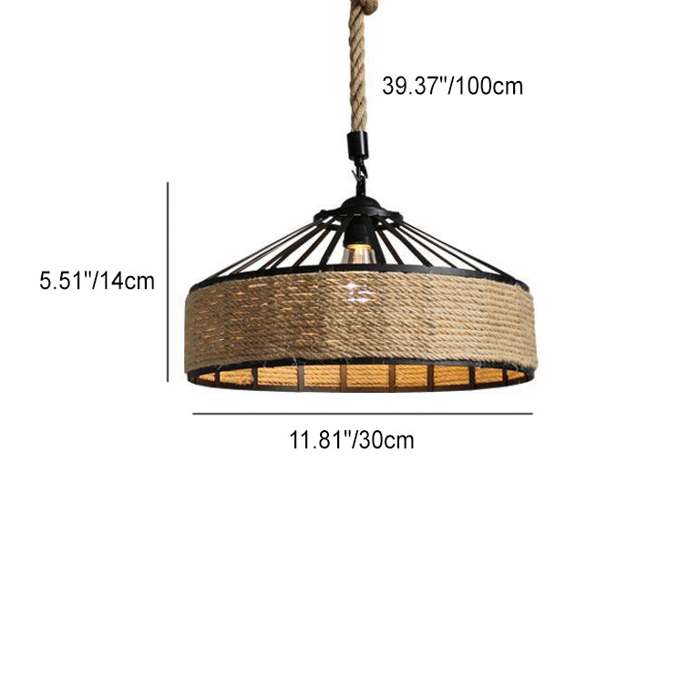 Lámpara colgante de 1 luz de cuerda de cáñamo de hierro redonda rústica tradicional para sala de estar 
