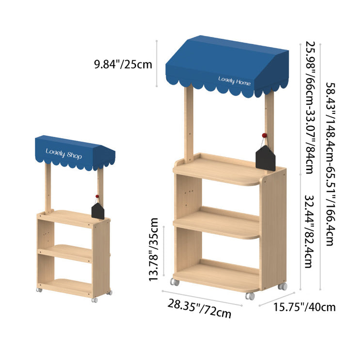 Contemporary Retro Solid Beech Wood &amp; Plywood Canvas Ceramics Montessori Toy Storage Shelf - Convertible Double-Sided Kids Bookshelf &amp; Play Market Organizer With Wheels