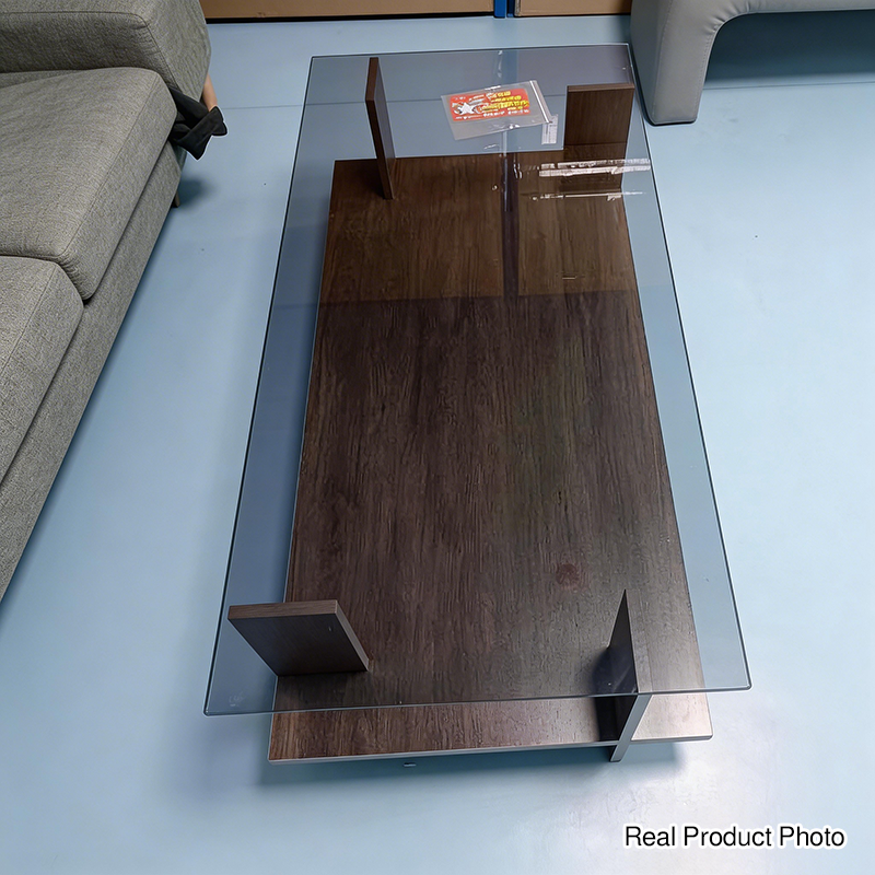 Moderner minimalistischer rechteckiger Couchtisch aus gehärtetem Glas und Spanplatte mit 2 Ebenen für das Wohnzimmer 