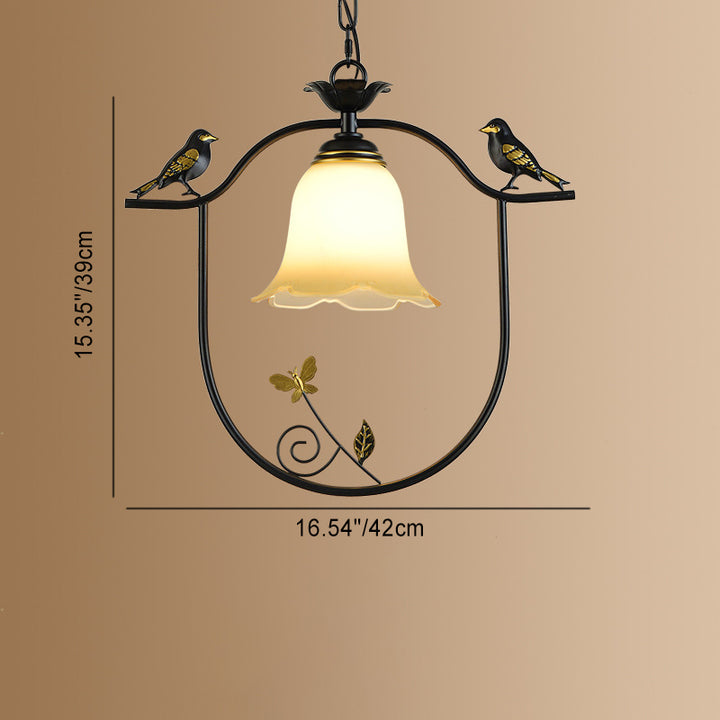 Traditionelle Vintage Eisenring Vogel Dekor Blume Glasschirm 1-Licht Pendelleuchte für Wohnzimmer 