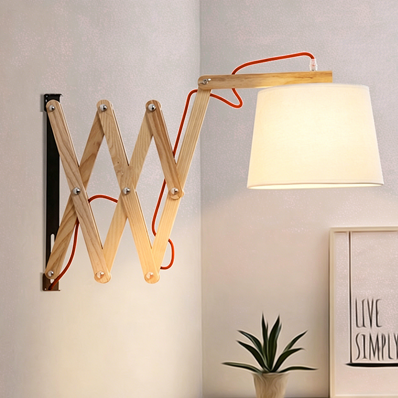 Traditional Vintage Linen Cone Ash Wood Iron Retractable Rotating 1-Light Wall Sconce Lamp for Living Room