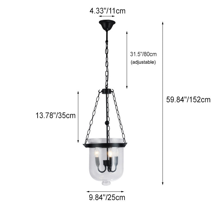 Traditioneller rustikaler runder Glas-Eimer Eisen-Kerzenhalter 3-Licht Kronleuchter für Wohnzimmer 