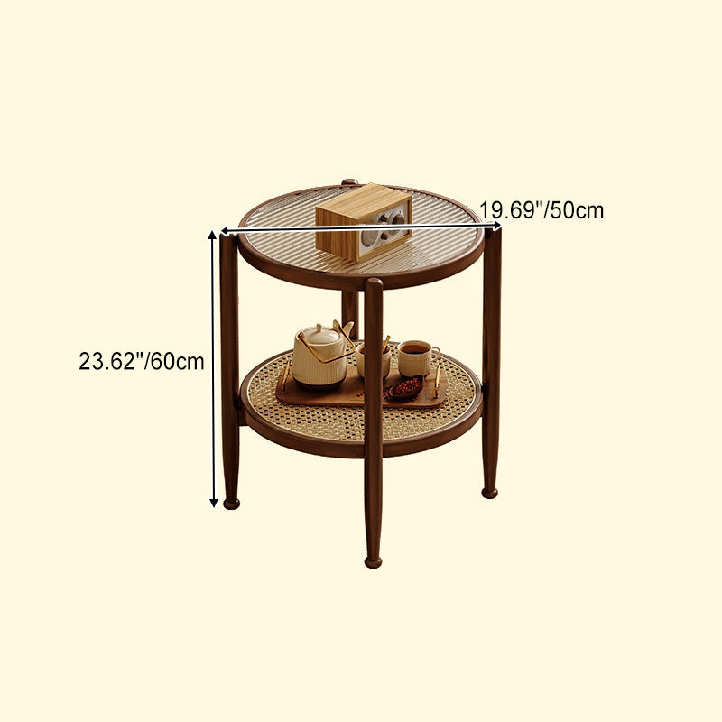 Traditional Japanese Round Glass Faux Rattan Rubberwood End Table 2-Tier For Living Room