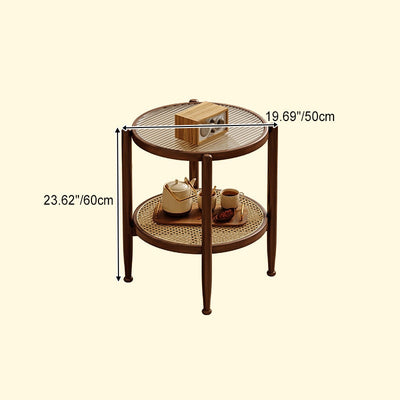 Traditioneller japanischer runder Glastisch aus Rattan und massivem Holz mit 2 Ebenen für das Wohnzimmer 