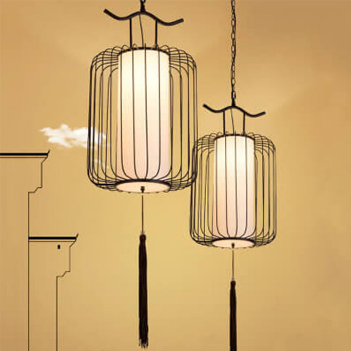 Nouveau style chinois rétro suspension à 1 lumière avec abat-jour en forme de cage à oiseaux 