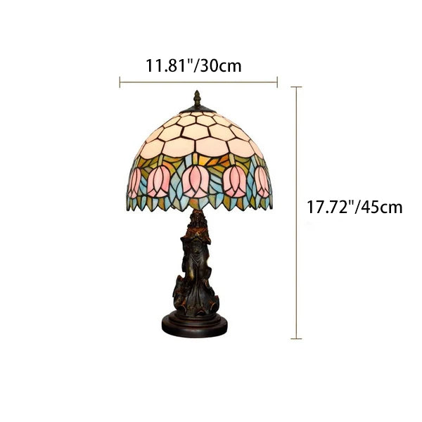 Lámpara de Mesa de 1 Luz con Base de Ángel de Vidrio Tiffany Tulip Vintage 