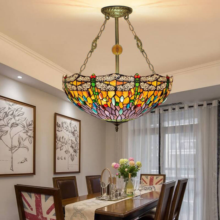 Traditional Vintage Tiffany Dragonfly Stained Glass 3-Light Chandelier For Living Room
