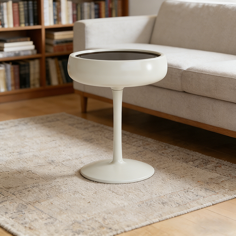 Contemporary Creative Fiberglass Wine Glass Shape Round Side Table With Tempered Glass Top 2-Tier Storage For Living Room &amp; Bedroom