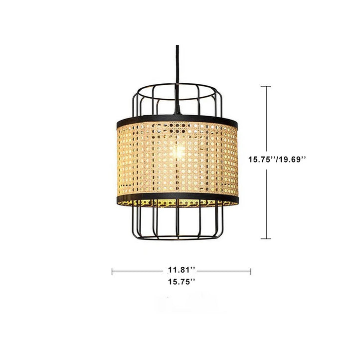 Suspension lumineuse moderne en rotin tressé à 1 lumière avec cage en métal doré 