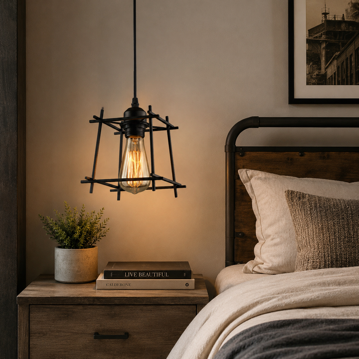 Contemporary Industrial Square Iron 1-Light Pendant Light For Bedroom
