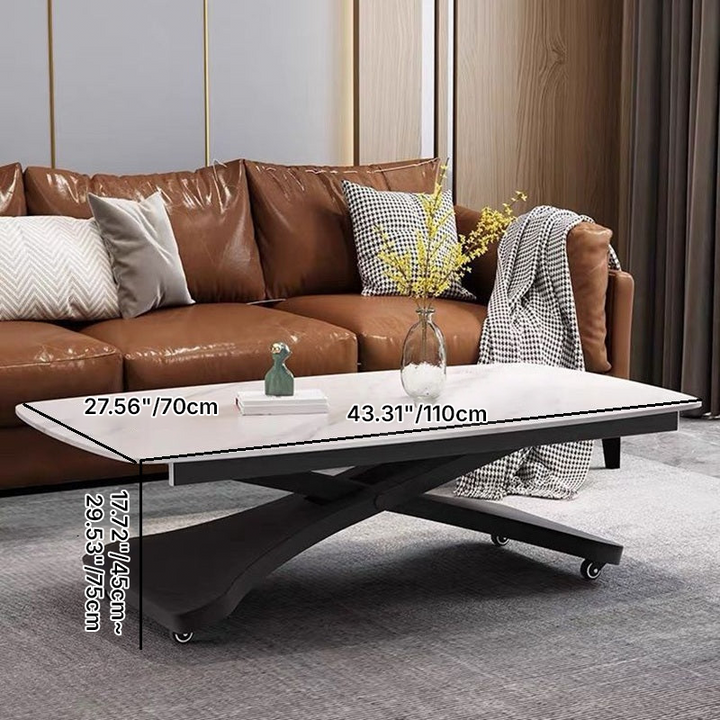 Table basse rectangulaire contemporaine en pierre frittée scandinave avec structure métallique en X et un niveau pour salon 