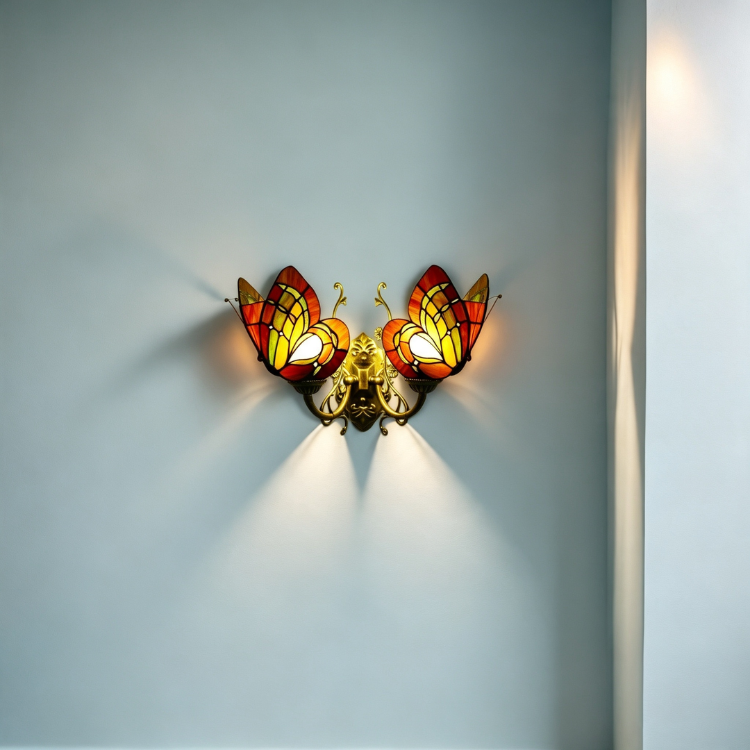Traditional Tiffany Glass Iron Butterfly-shaped 2-Light Wall Sconce Lamp For Living Room &amp; Bedroom