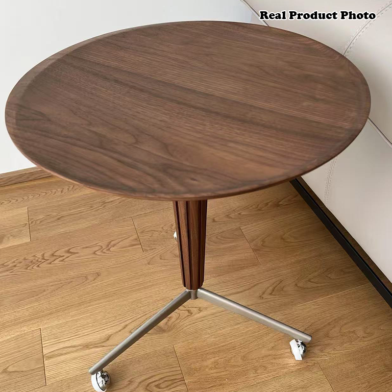 Traditional Vintage Round Walnut Ash Stainless Steel End Table 1-Tier For Living Room
