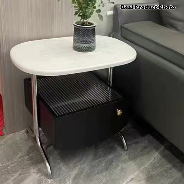 Modern Minimalist Oval Rectangle MDF Glass Stainless Steel Nightstand 1-Drawer For Bedroom