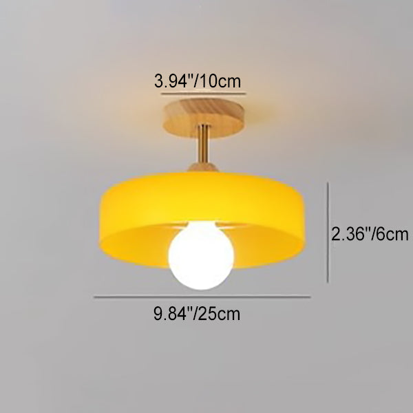 Lustre de plafond semi-encastré moderne minimaliste rond en bois et verre à 1 lumière pour salon 
