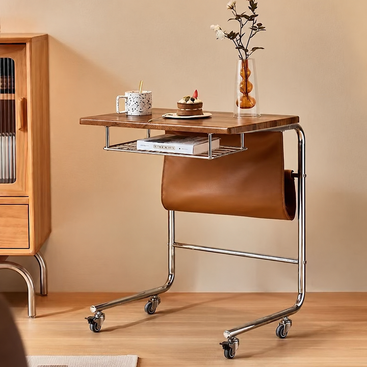 Modern Mid-Century Plank, Iron & PU Leather Rectangular Side Table With Wheels For Living Room, Bedroom