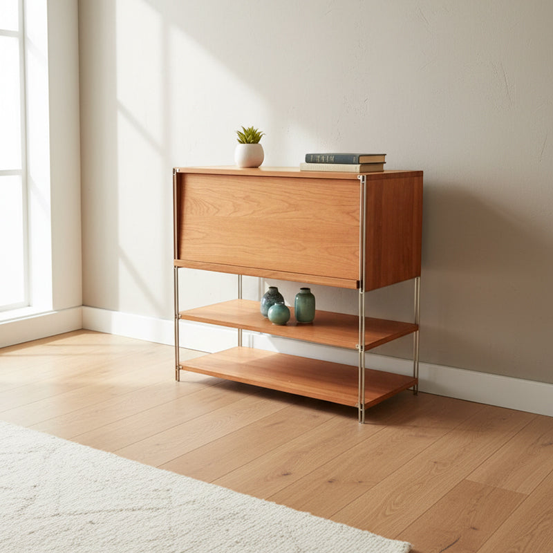 Mesa auxiliar rectangular de madera y acero inoxidable de estilo moderno de mediados de siglo con 1 gabinete para sala de estar 
