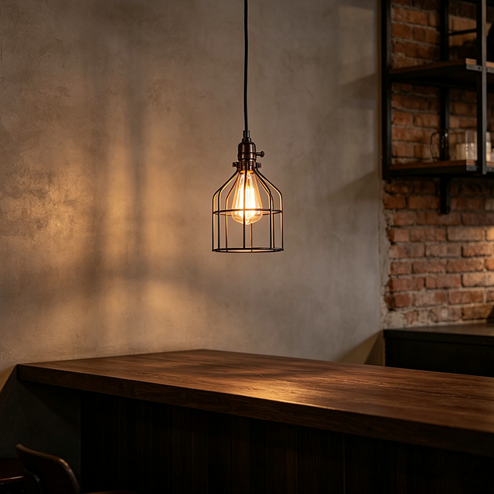 Contemporary Industrial Round Cage Shade Iron Openwork 1-Light Pendant Light For Bedroom
