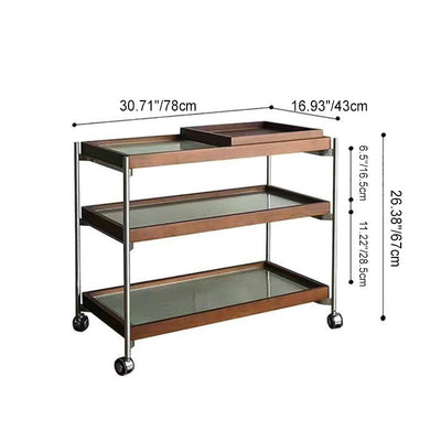 Table d'appoint carrée minimaliste moderne en acier inoxydable, verre et bois avec roulettes triple pour salon 