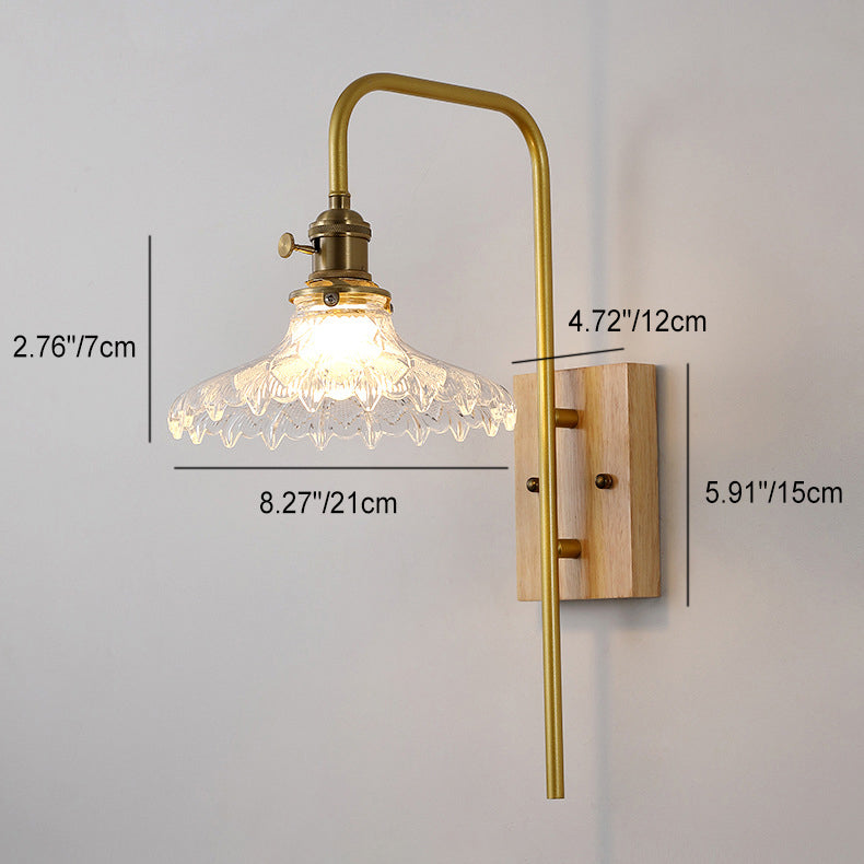 Traditional Vintage Round Wood Iron Glass 1-Light Wall Sconce Lamp For Bedroom