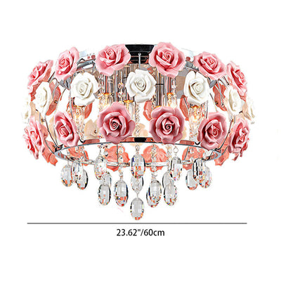 Moderne Minimaliste Rose Ronde Cristal Branche Cristal Fer 5/6 Lumière Plafonnier Pour Chambre 