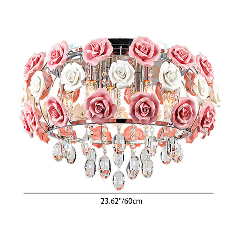 Moderne Minimaliste Rose Ronde Cristal Branche Cristal Fer 5/6 Lumière Plafonnier Pour Chambre 