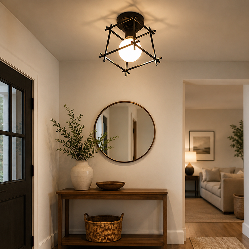 Modern Minimalist Square Iron 1-Light Tic Tac Toe Shaped Semi-Flush Mount Lighting For Entryway