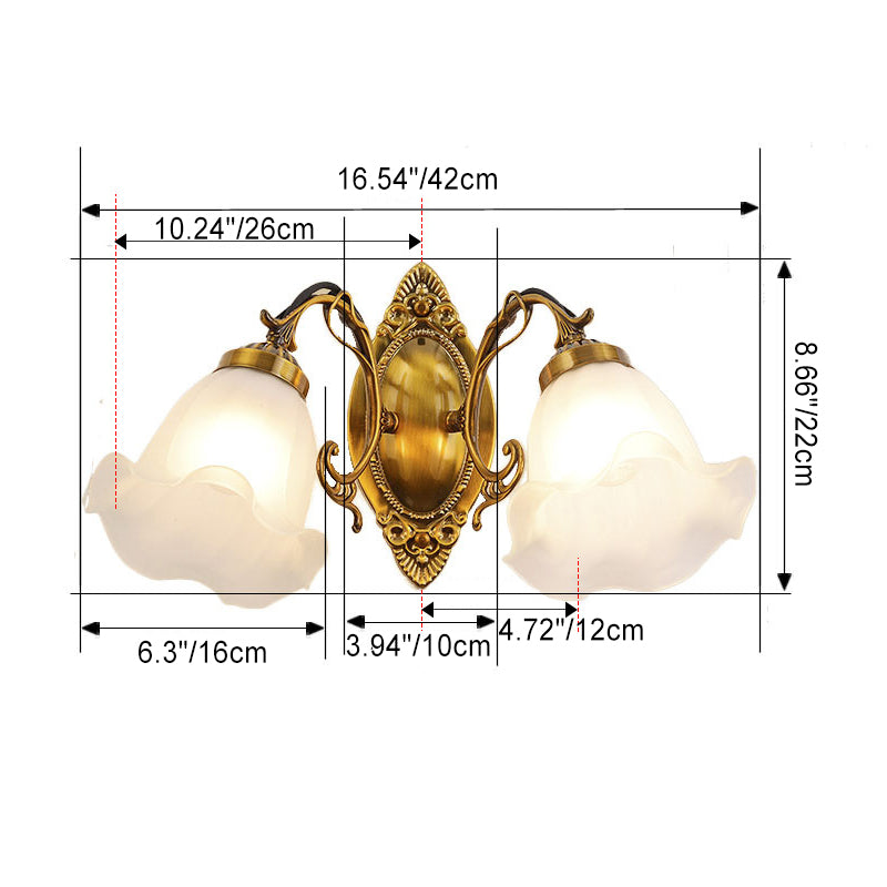 Traditionelle europäische Eisenglas-Blumen-2-Licht-Wandleuchter-Lampe für Wohnzimmer 