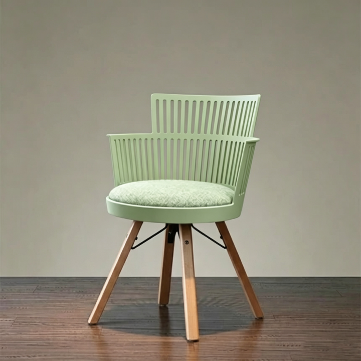 Contemporary Nordic PP Iron &amp; Beech Wood Dining Chair With Slatted Back &amp; Round Upholstered Seat - Armchair For Dining Room, Kitchen &amp; Cafe