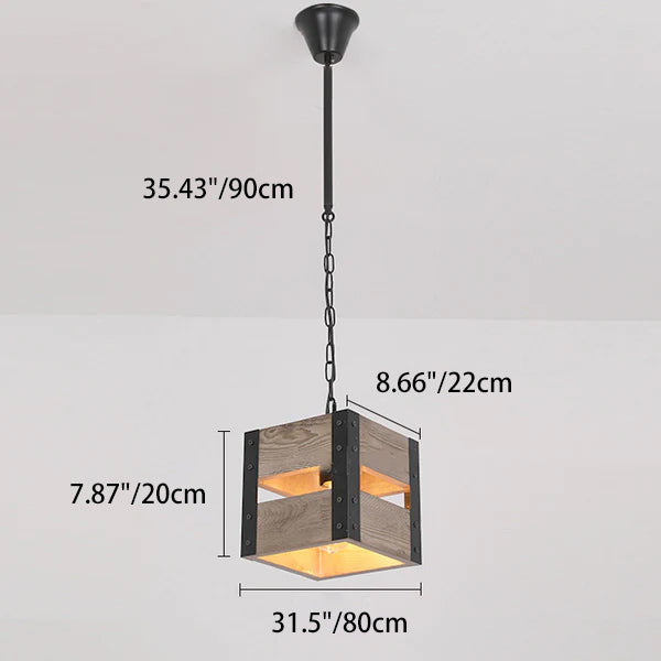 Chandelier Vintage Industriel en Bois avec Cage Carrée 1/4 Lumière 