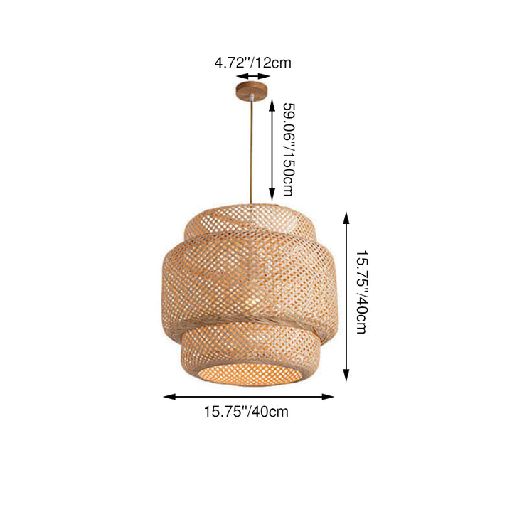 Traditional Japanese Round Bamboo Weaving Column 1-Light Pendant Light For Bedroom