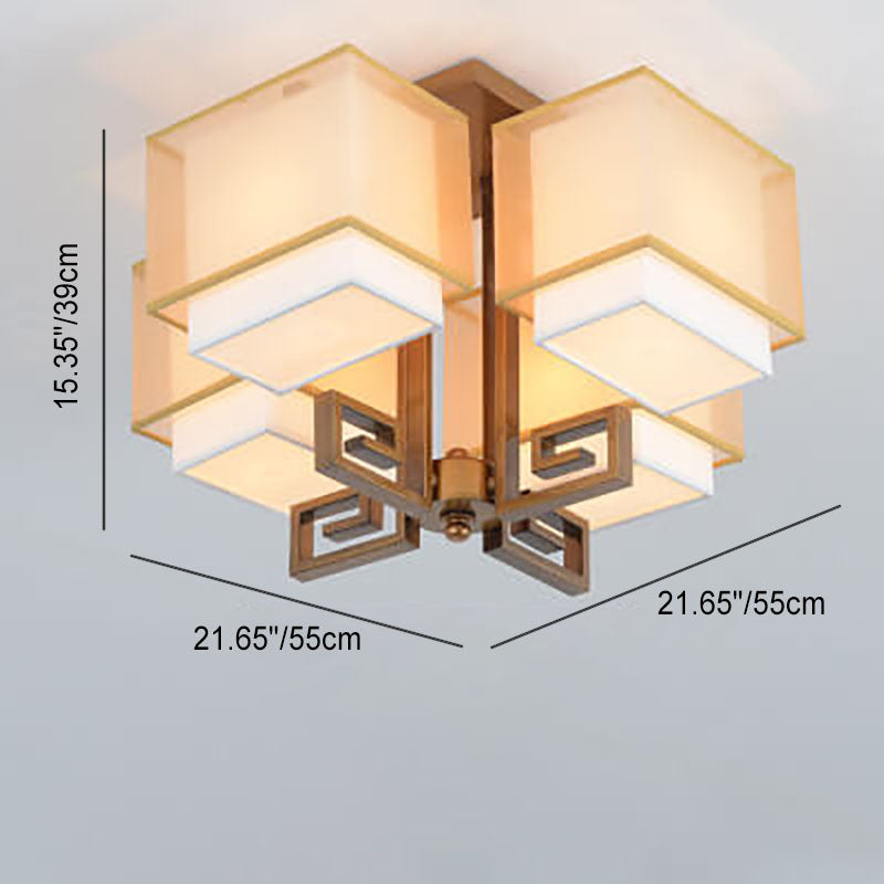 Modern Chinese Fabric Square Geometric Hardware 4-Light Semi-Flush Mount Ceiling Light