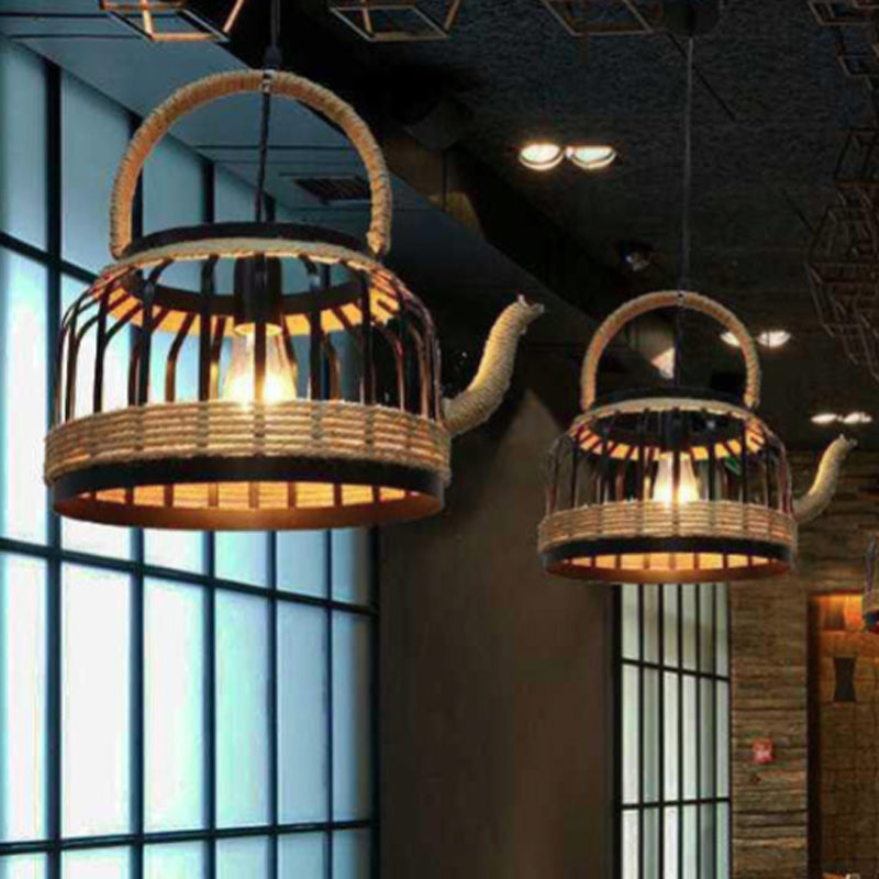 Vintage Wrought Iron Kettle Hemp Rope 1-Light Pendant Light