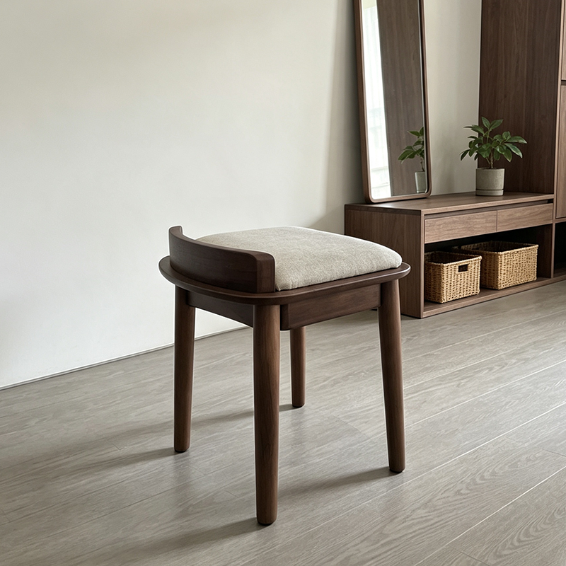 Modern Minimalist Solid Wood Fabric Rounded Corner Vanity Stool With Backrest For Bedroom &amp; Living Room