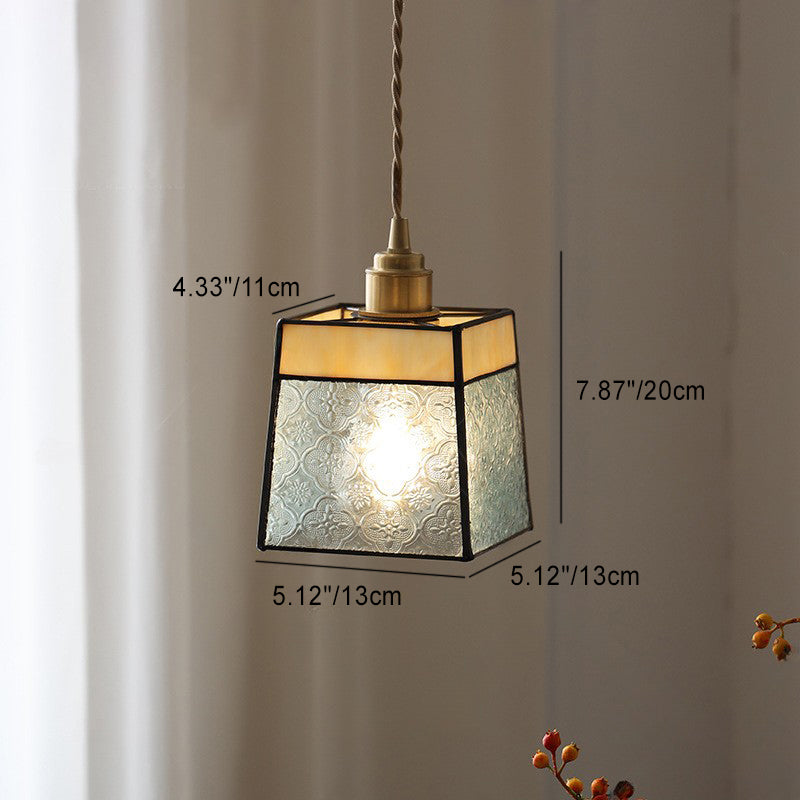 Lámpara colgante contemporánea retro de vidrio, latón, hierro, nogal cúbico trapezoidal de 1 luz para comedor 