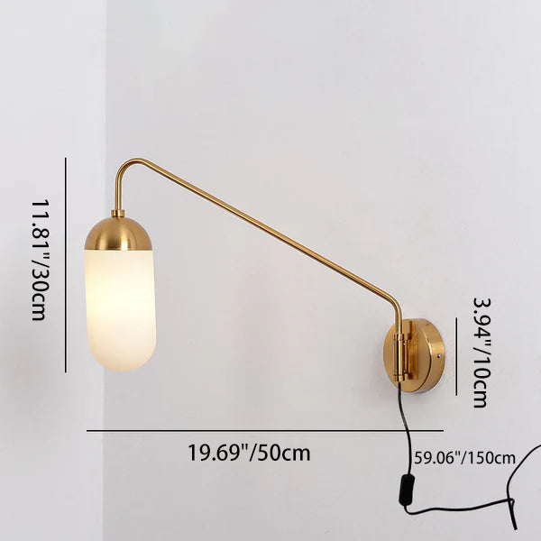 Zeitgenössische nordische Eisen-Glas-Säulen-Wandlampe mit 1 Licht und schwenkbarem Arm, langem Stab, für Wohnzimmer und Schlafzimmer 