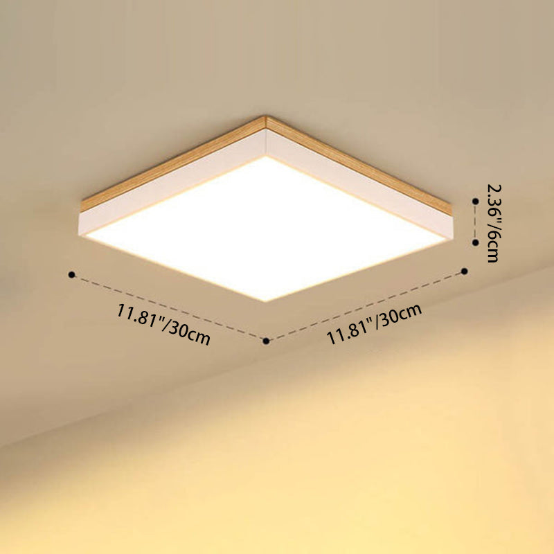 Moderne minimalistische LED-Deckenleuchte zur flachen Montage aus massivem Holz und Acryl in quadratischer Rechteckform für das Wohnzimmer 