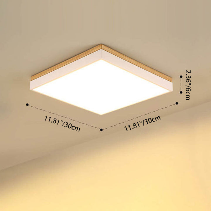 Moderne minimalistische LED-Deckenleuchte zur flachen Montage aus massivem Holz und Acryl in quadratischer Rechteckform für das Wohnzimmer 