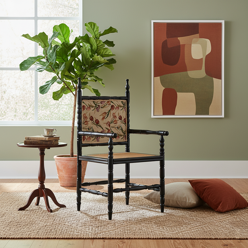 Traditioneller quadratischer Esszimmerstuhl aus Kautschukholz und Rattan im Vintage-Stil mit Rückenlehne und Armlehnen für das Esszimmer 
