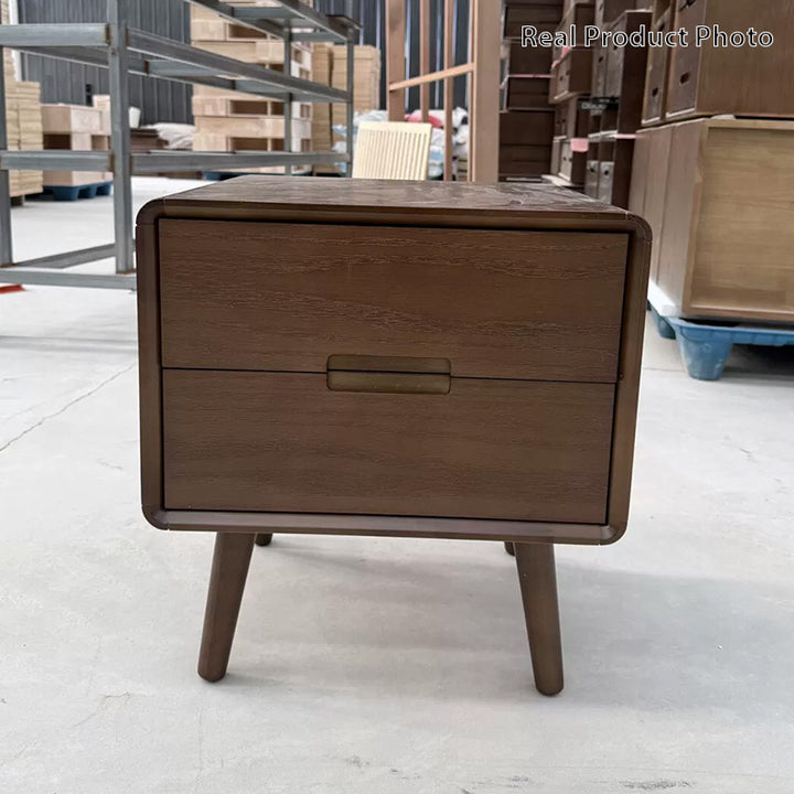 Traditional Chinese Oak Wood Pine Wood Rounded Rectangular Nightstand 2-Drawer For Bedroom