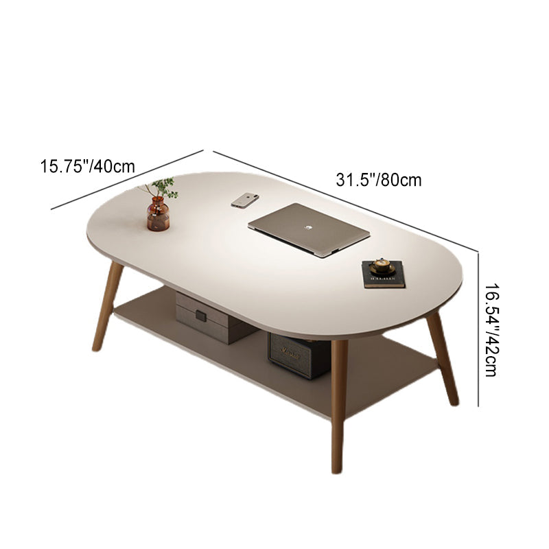 Mesa Auxiliar Moderna Minimalista de Madera Maciza con Forma de Rectángulo Redondeado de 2 Niveles Para Sala de Estar 
