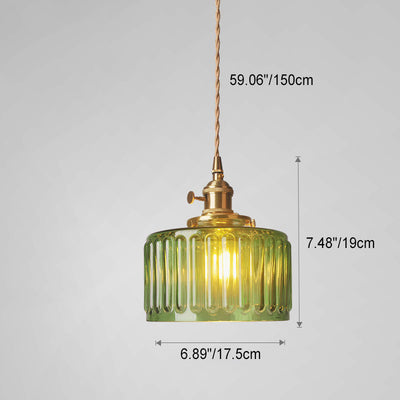 Suspension Luminaire à 1 Lumière pour Salon avec Abat-Jour Cylindrique en Verre Rainuré en Laiton Antique Traditionnel Vintage 